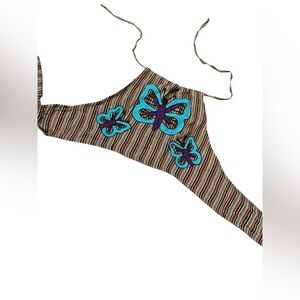 Kathmandu Imports Striped Butterfly Embroidered Tie Back Cotton Halter Top NWT